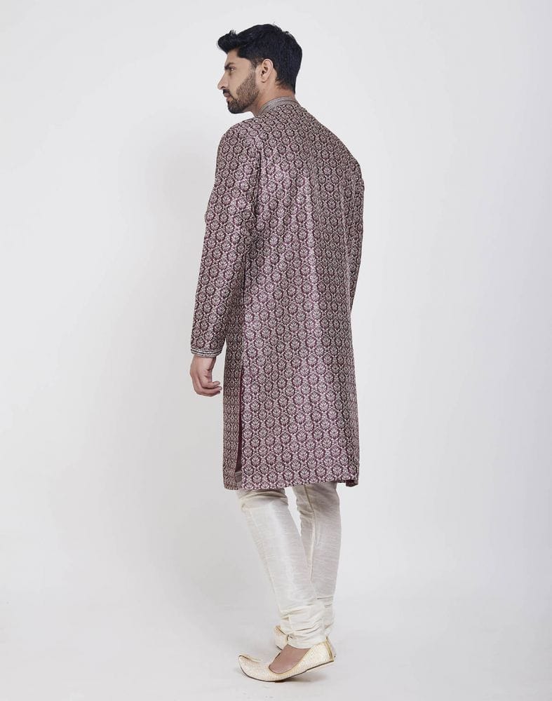 Wine Thread & Collar Work Kurta Pajama Set