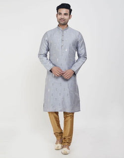 Collection of Grey Art silk Kurta Pajama Set in a gallery layout