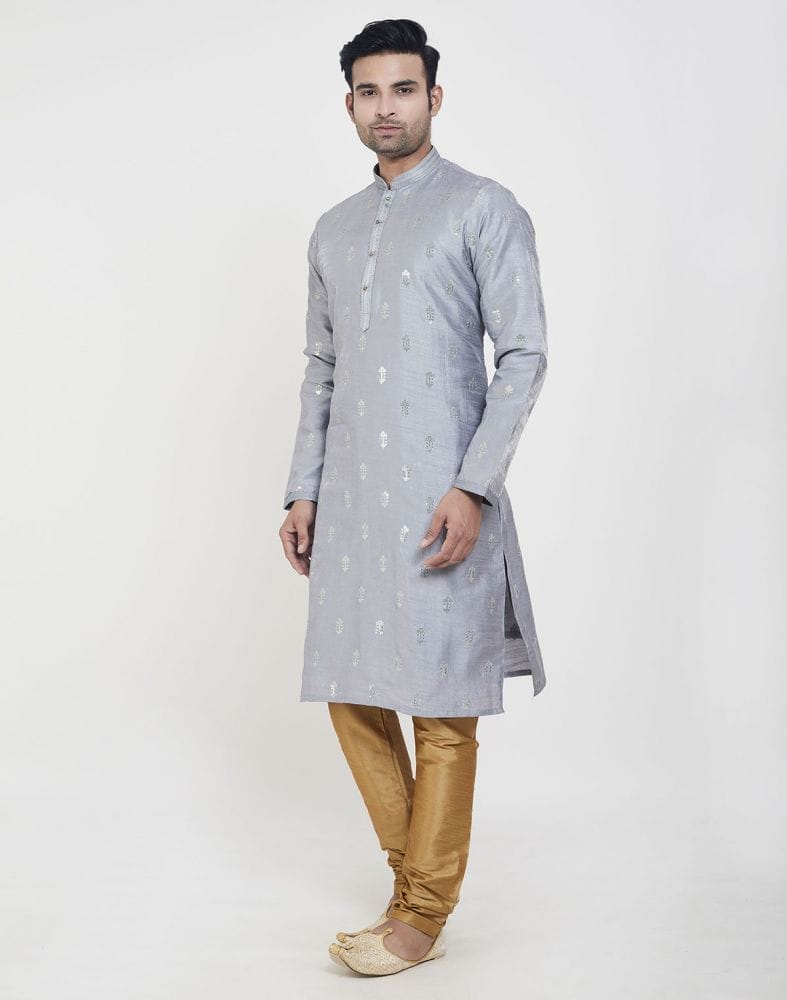 Collection of Grey Art silk Kurta Pajama Set in a gallery layout