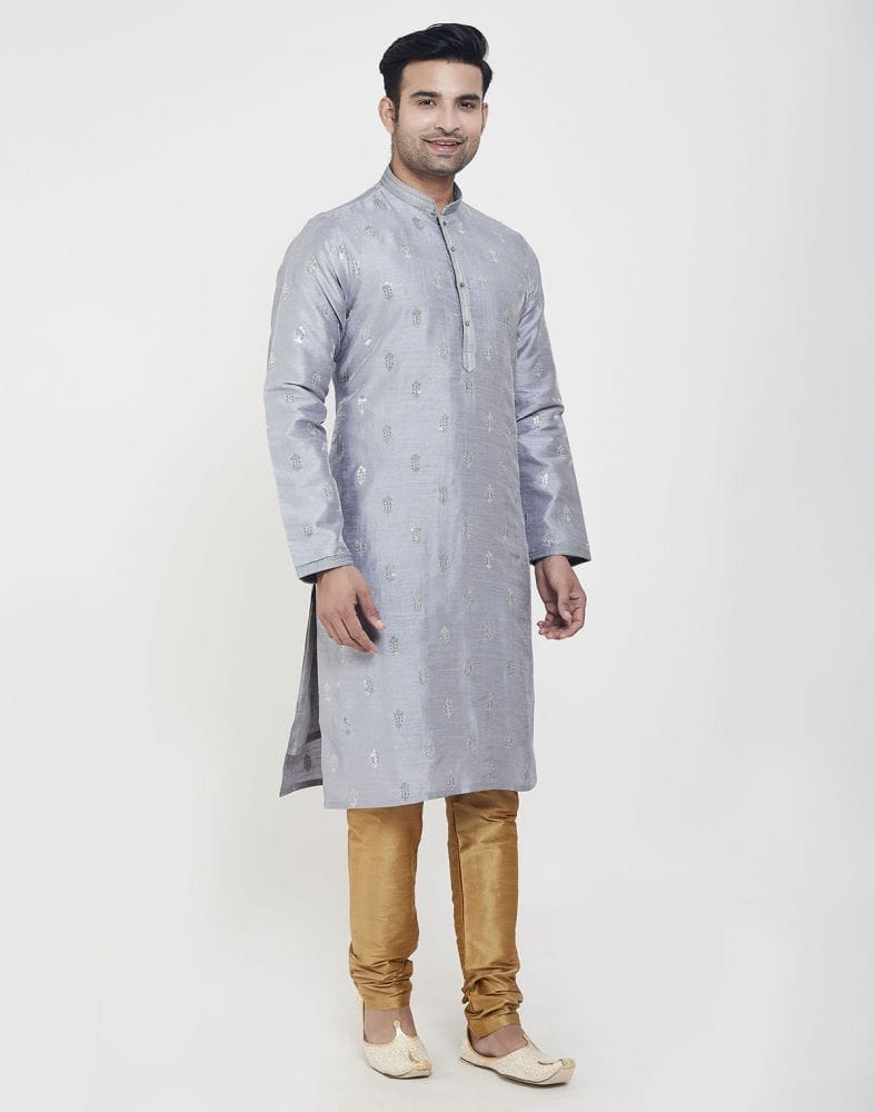 Collection of Grey Art silk Kurta Pajama Set in a gallery layout