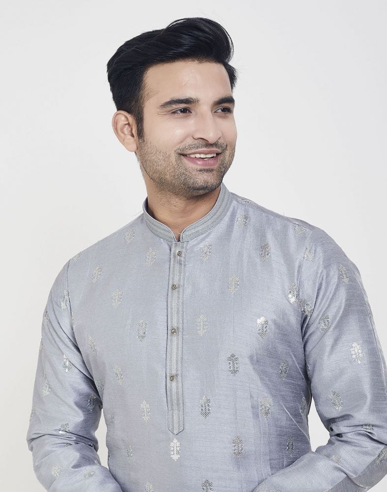 Collection of Grey Art silk Kurta Pajama Set in a gallery layout