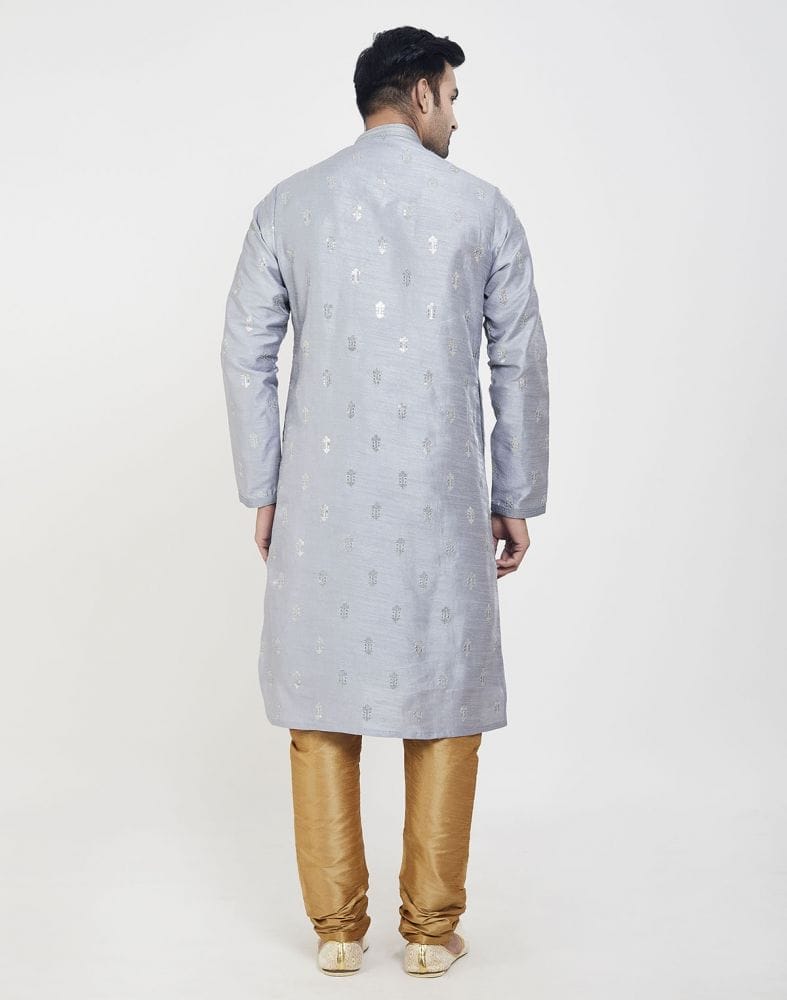 Collection of Grey Art silk Kurta Pajama Set in a gallery layout