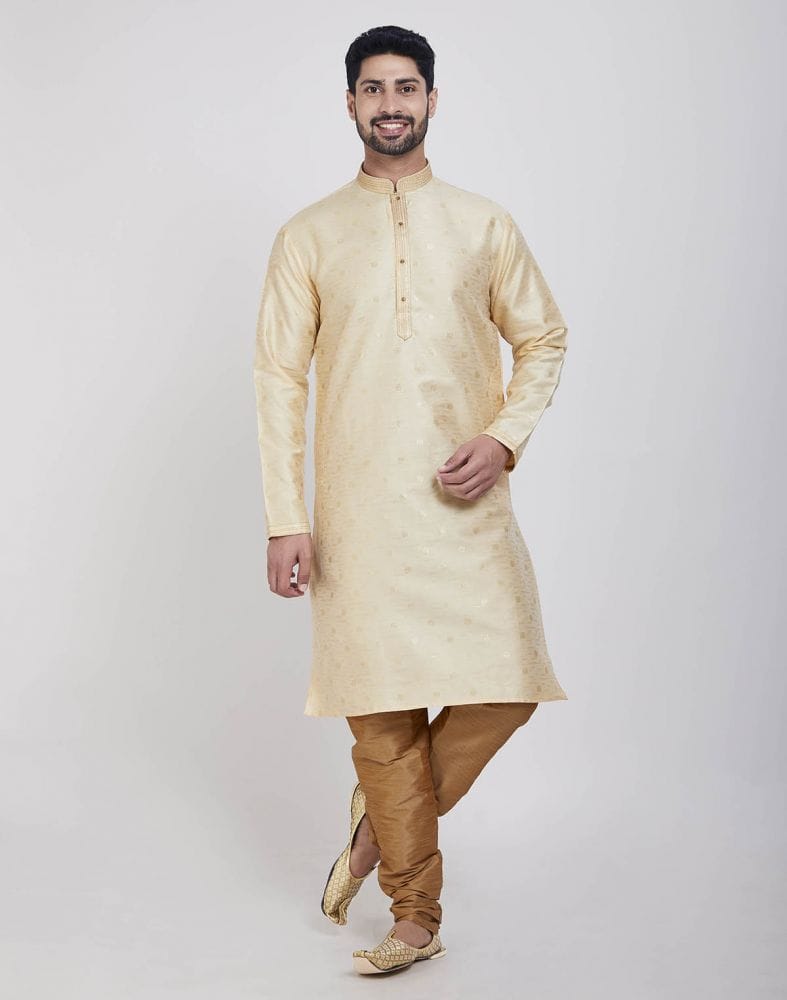 Collection of Gold Self Brocade Kurta Pajama in a gallery layout