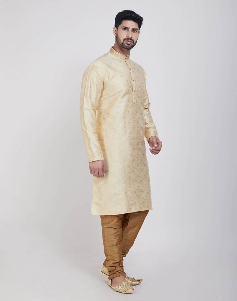 Collection of Gold Self Brocade Kurta Pajama in a gallery layout