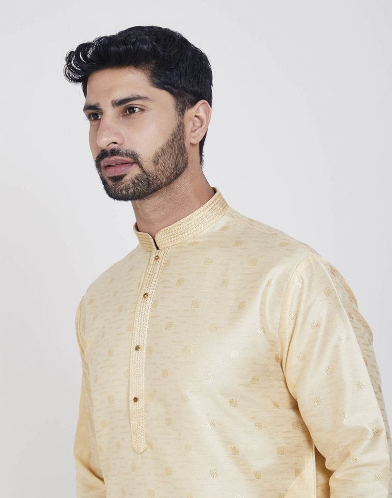 Collection of Gold Self Brocade Kurta Pajama in a gallery layout