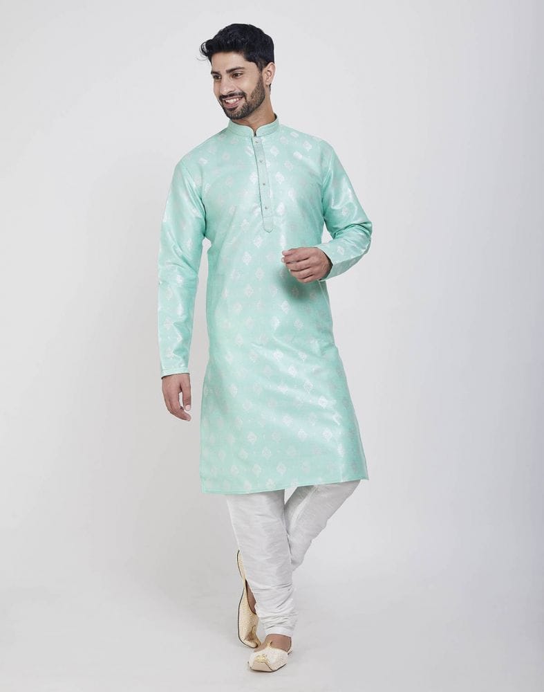 Collection of Pista Green Jacquard Self Design Kurta Pajama in a gallery layout