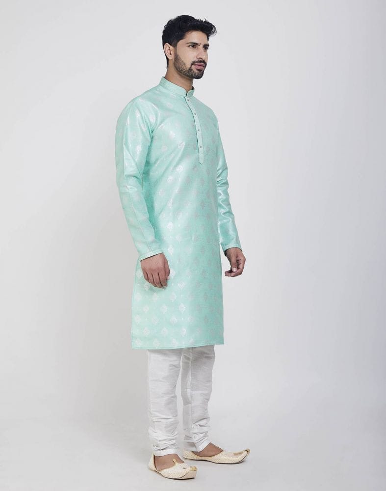 Collection of Pista Green Jacquard Self Design Kurta Pajama in a gallery layout