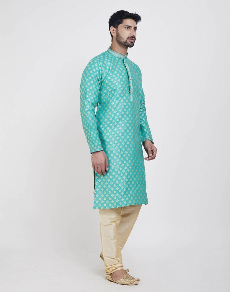 Collection of Firozi Self Highlighted Brocade Design Kurta Pajama Set in a gallery layout