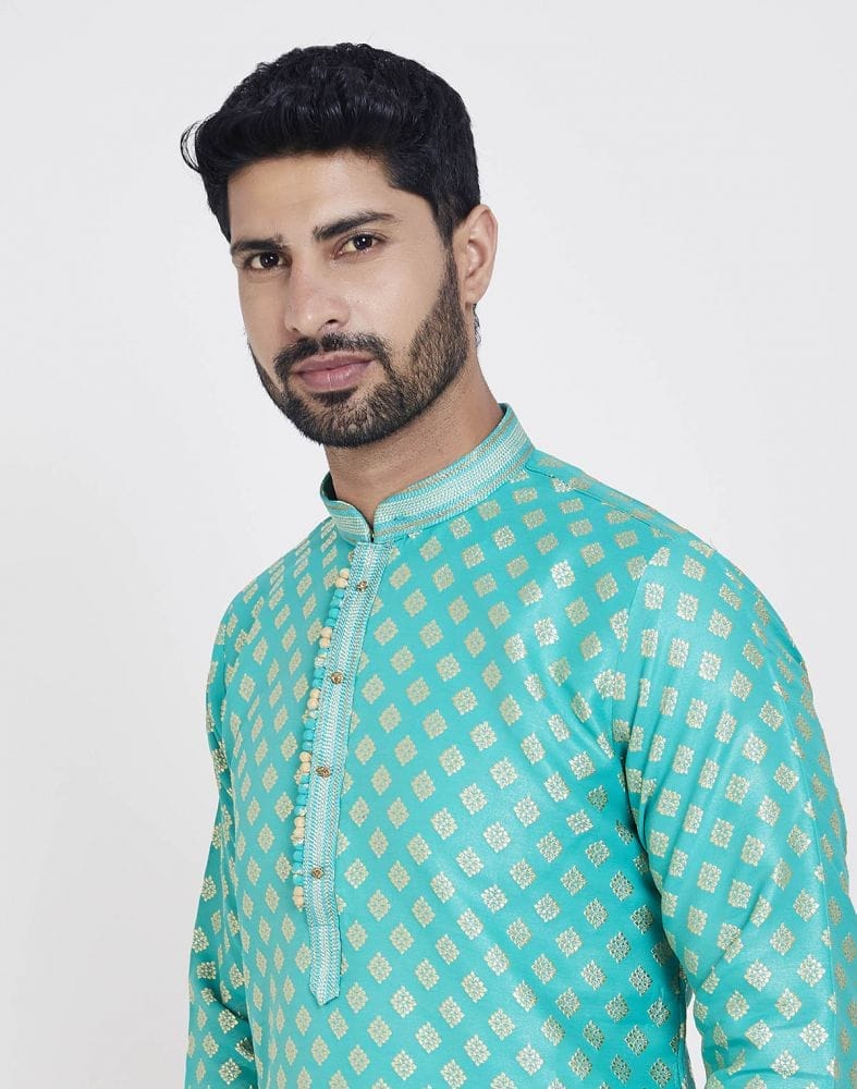 Firozi Self Highlighted Brocade Design Kurta Pajama Set