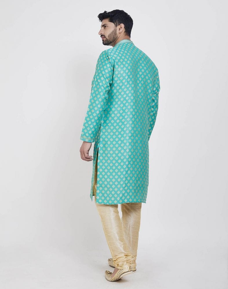 Collection of Firozi Self Highlighted Brocade Design Kurta Pajama Set in a gallery layout