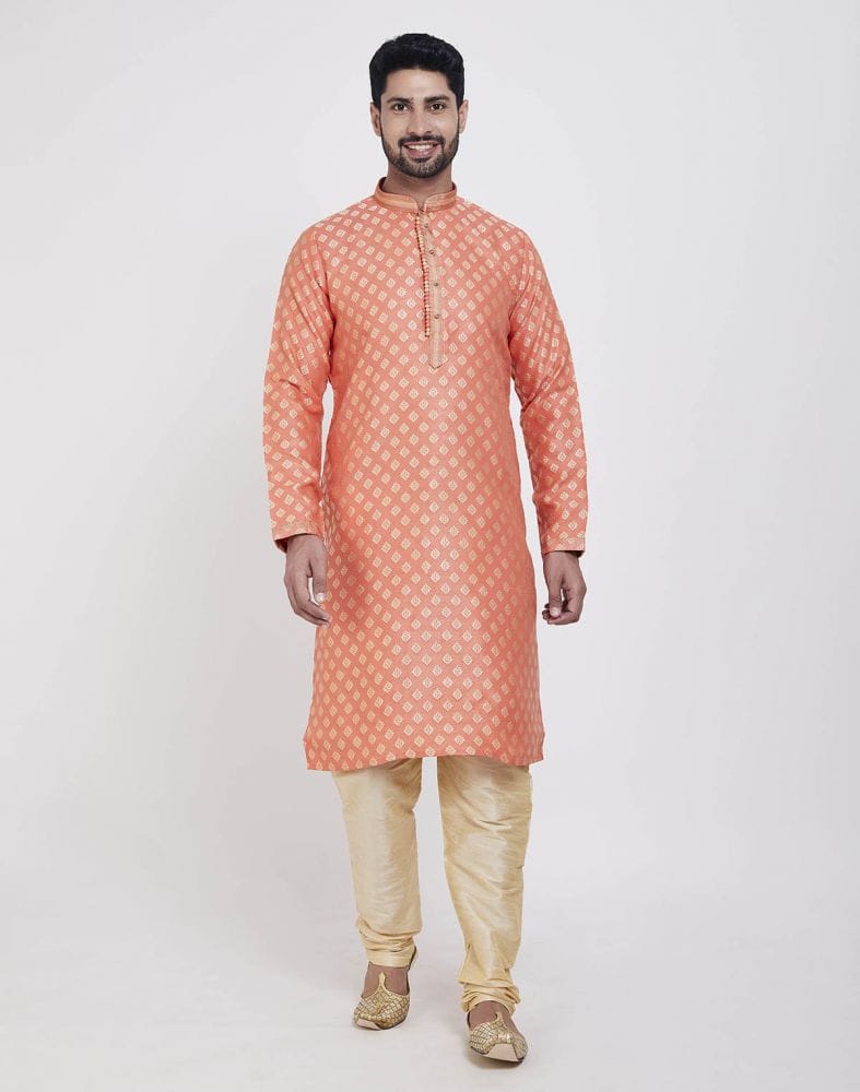 Orange Self Highlighted Brocade Design Kurta Pajama Set