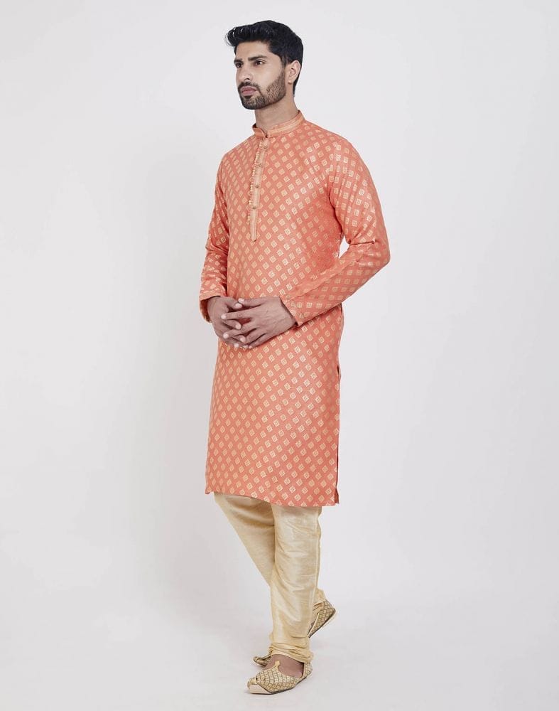 Orange Self Highlighted Brocade Design Kurta Pajama Set