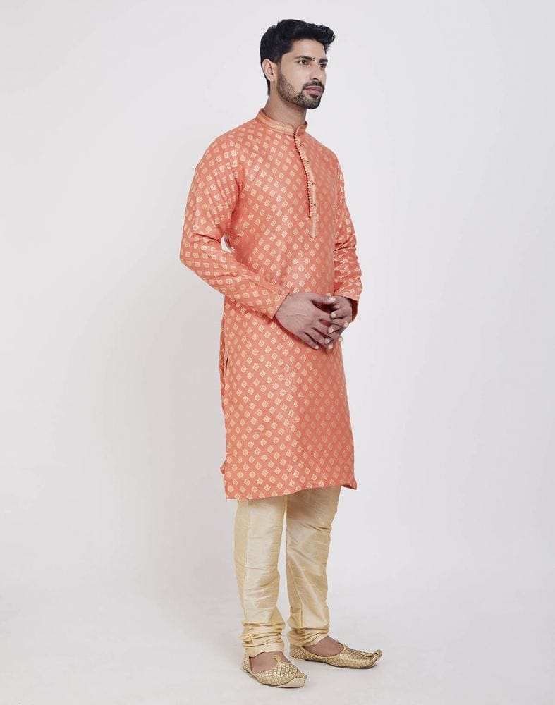 Orange Self Highlighted Brocade Design Kurta Pajama Set