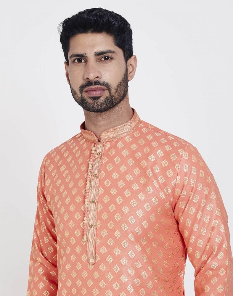 Collection of Orange Self Highlighted Brocade Design Kurta Pajama Set in a gallery layout