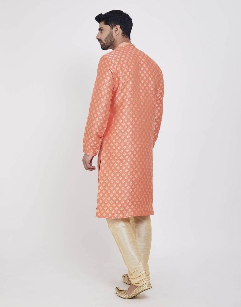 Collection of Orange Self Highlighted Brocade Design Kurta Pajama Set in a gallery layout