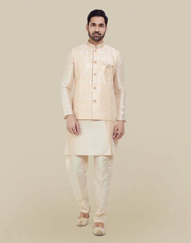 Peach Jacquard With Plain Kurta Set