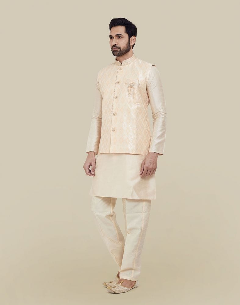 Collection of Peach Jacquard With Plain Kurta Set in a gallery layout