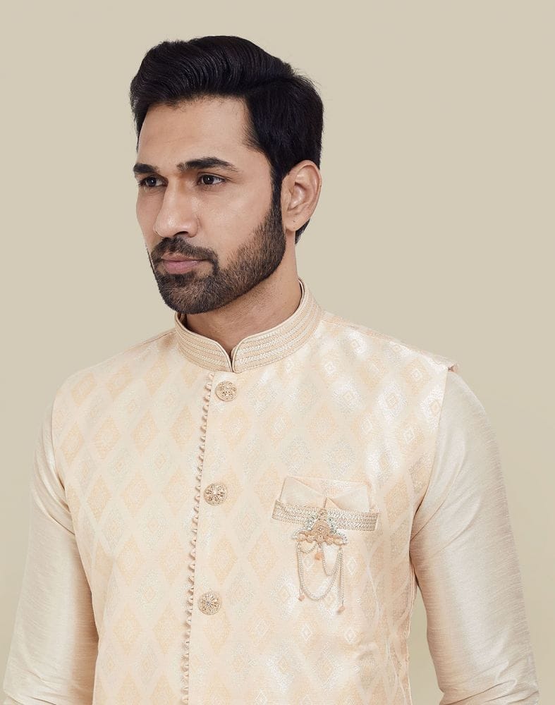 Collection of Peach Jacquard With Plain Kurta Set in a gallery layout