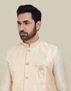 Collection of Peach Jacquard With Plain Kurta Set in a gallery layout