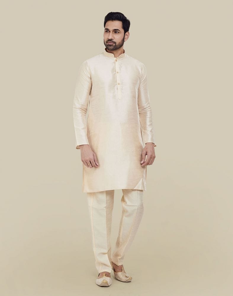 Collection of Peach Jacquard With Plain Kurta Set in a gallery layout