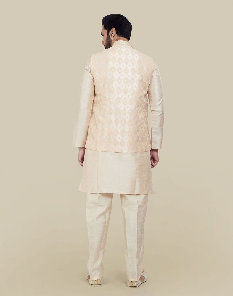 Peach Jacquard With Plain Kurta Set