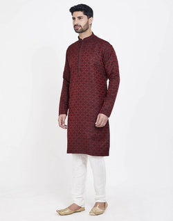 Collection of Red Perfect And Stylish Brocade Kurta Pajama Set in a gallery layout