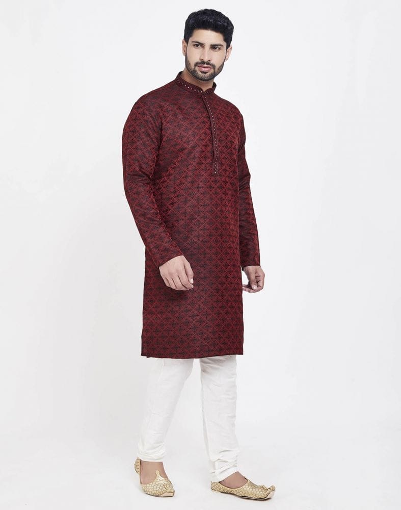 Collection of Red Perfect And Stylish Brocade Kurta Pajama Set in a gallery layout