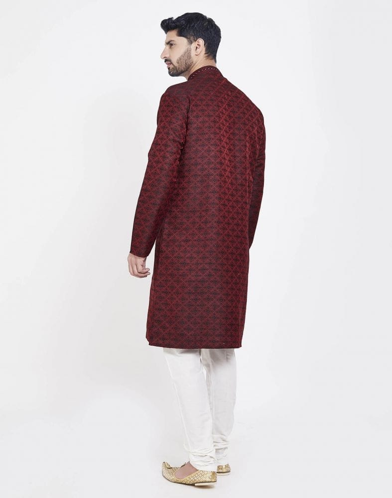 Collection of Red Perfect And Stylish Brocade Kurta Pajama Set in a gallery layout