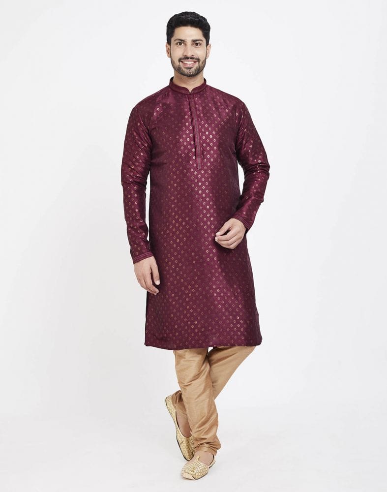 Collection of Maroon Art Silk Booties Design Kurta Pajama in a gallery layout