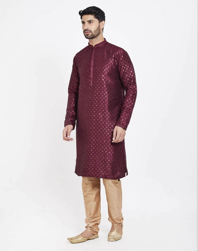 Collection of Maroon Art Silk Booties Design Kurta Pajama in a gallery layout