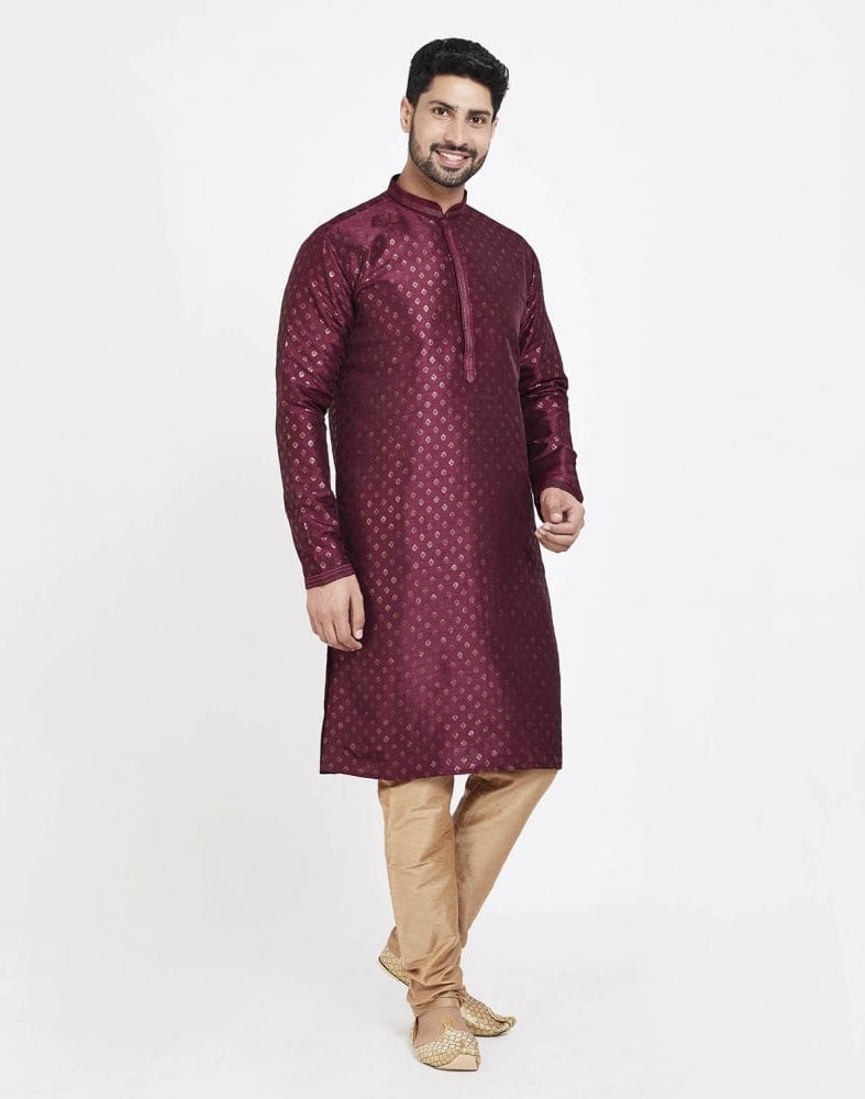 Collection of Maroon Art Silk Booties Design Kurta Pajama in a gallery layout