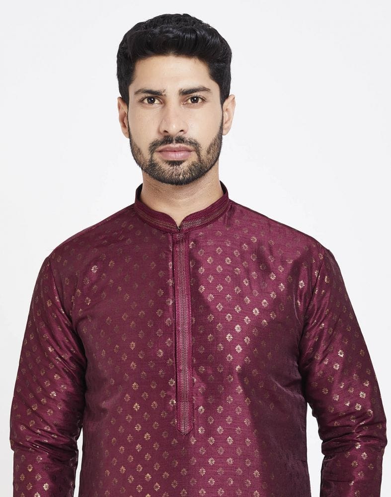 Collection of Maroon Art Silk Booties Design Kurta Pajama in a gallery layout