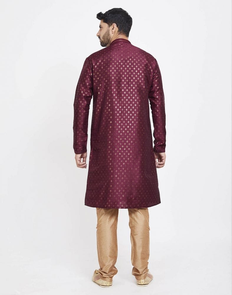 Collection of Maroon Art Silk Booties Design Kurta Pajama in a gallery layout