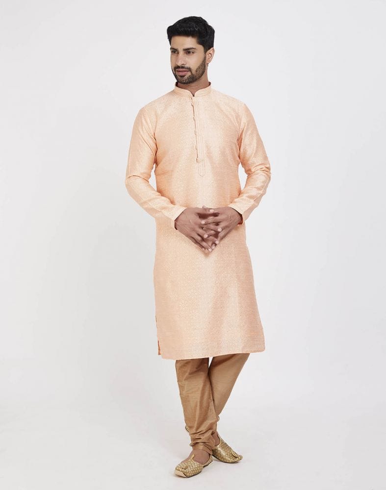 Peach Impressive Thread And Collar Work Kurta Pajama