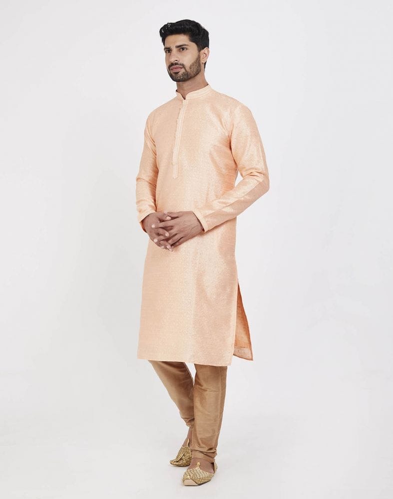 Peach Impressive Thread And Collar Work Kurta Pajama