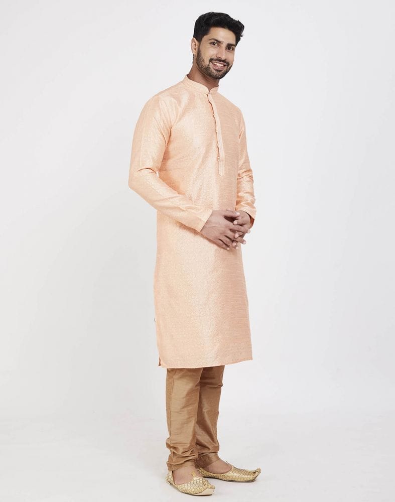 Peach Impressive Thread And Collar Work Kurta Pajama