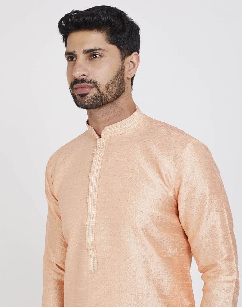 Peach Impressive Thread And Collar Work Kurta Pajama