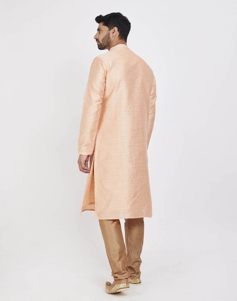 Peach Impressive Thread And Collar Work Kurta Pajama