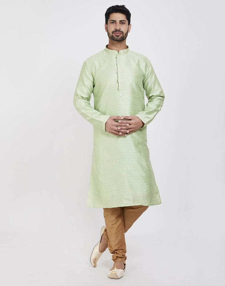 Pista Green Impressive Thread And Collar Work Kurta Pajama