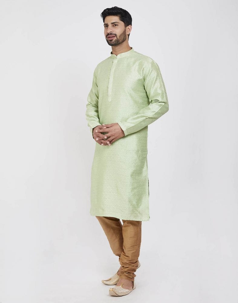 Collection of Pista Green Impressive Thread And Collar Work Kurta Pajama in a gallery layout