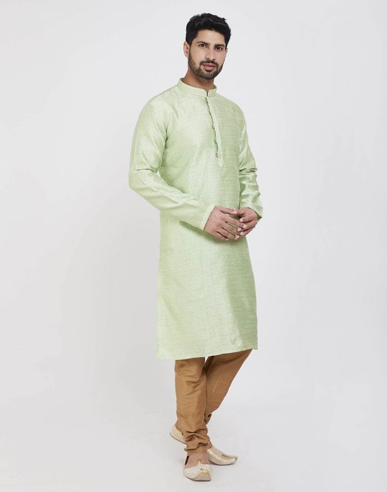 Pista Green Impressive Thread And Collar Work Kurta Pajama