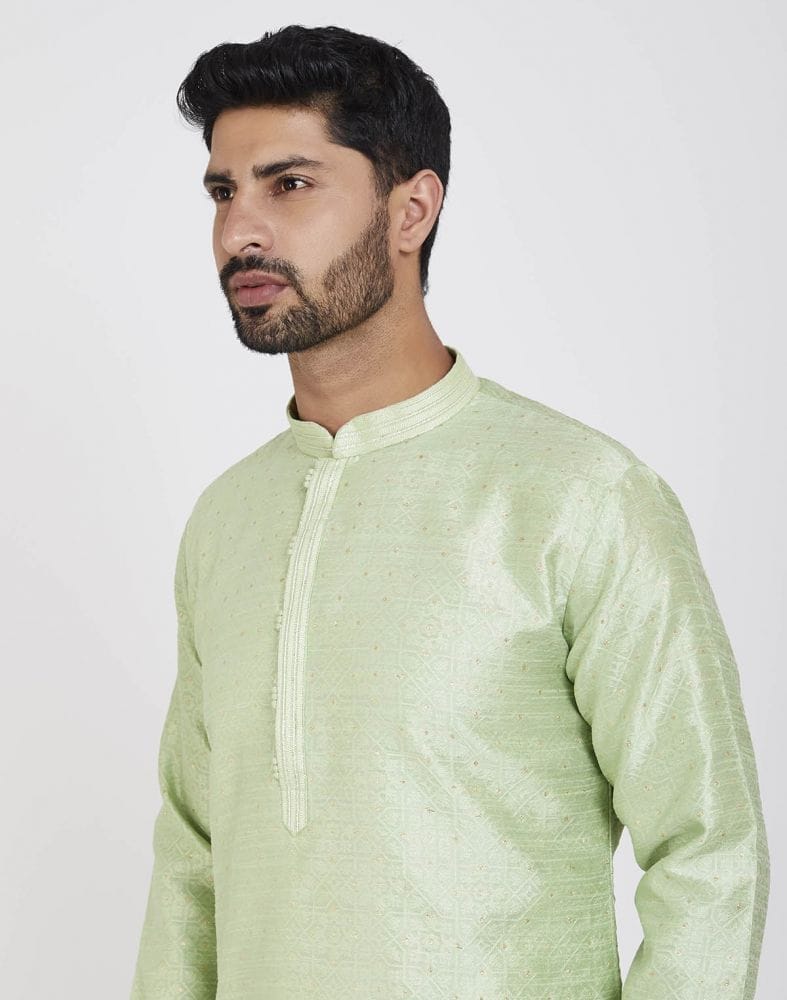 Collection of Pista Green Impressive Thread And Collar Work Kurta Pajama in a gallery layout