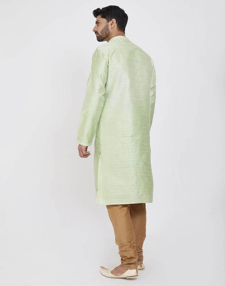 Collection of Pista Green Impressive Thread And Collar Work Kurta Pajama in a gallery layout