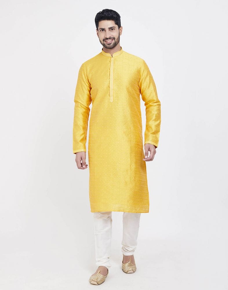 Yellow Impressive Thread And Collar Work Kurta Pajama