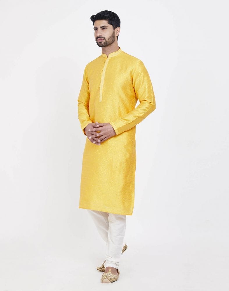 Yellow Impressive Thread And Collar Work Kurta Pajama