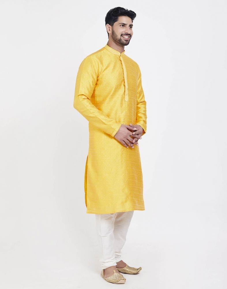 Collection of Yellow Impressive Thread And Collar Work Kurta Pajama in a gallery layout