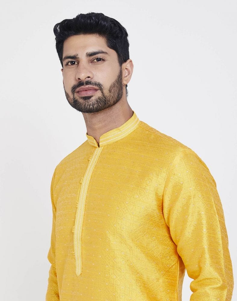 Collection of Yellow Impressive Thread And Collar Work Kurta Pajama in a gallery layout