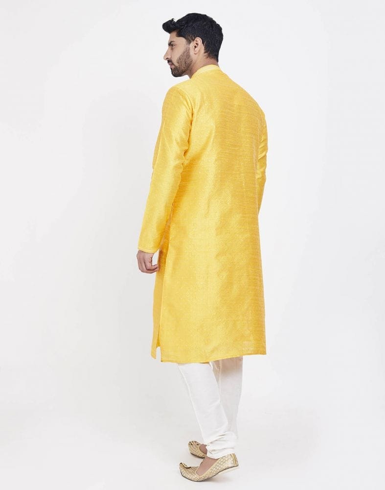 Collection of Yellow Impressive Thread And Collar Work Kurta Pajama in a gallery layout