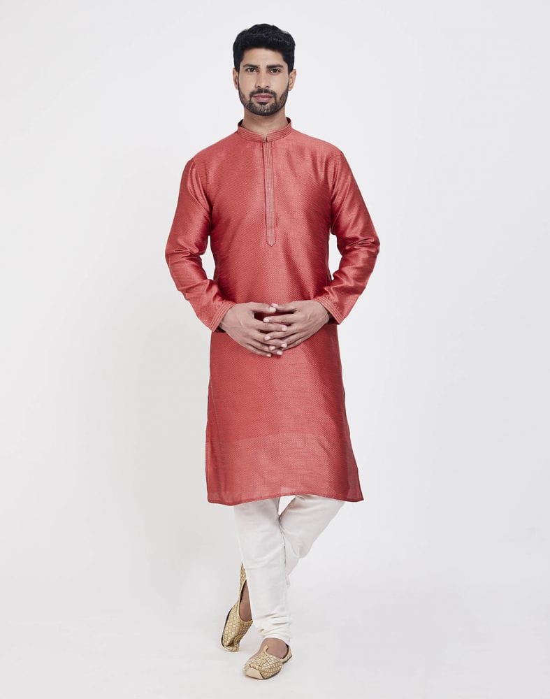 Collection of Light Orange Astonishing Self Brocade Kurta Pajama Set in a gallery layout