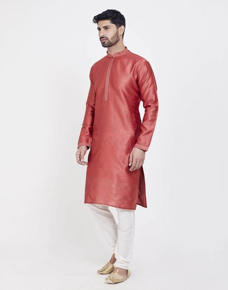 Collection of Light Orange Astonishing Self Brocade Kurta Pajama Set in a gallery layout